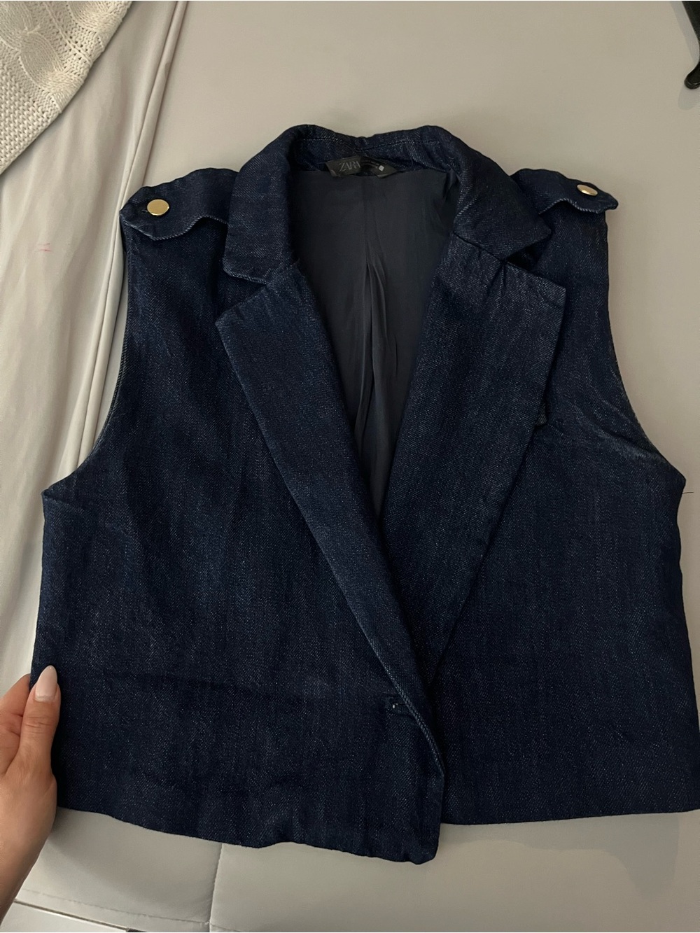 Zara Dark Navy Sleeveless Denim Vest Blazer